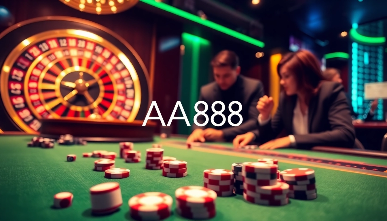 Gamblers playing poker with AA88 excitement in a luxurious casino setting.