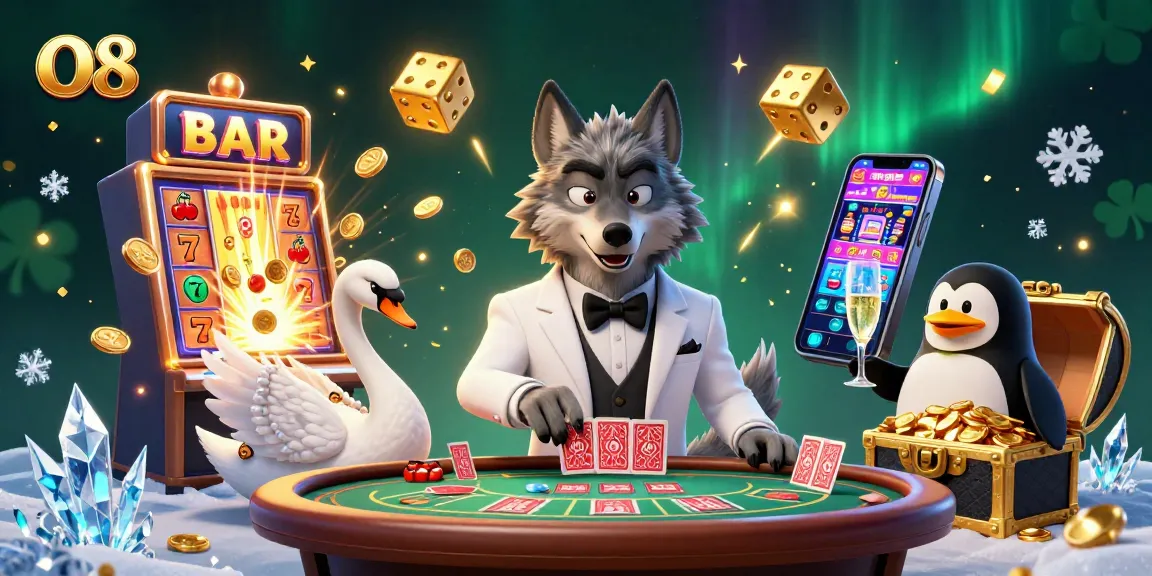 O8 features a debonair wolf, elegant swan, and penguin in a dynamic gambling scene full of jackpots.