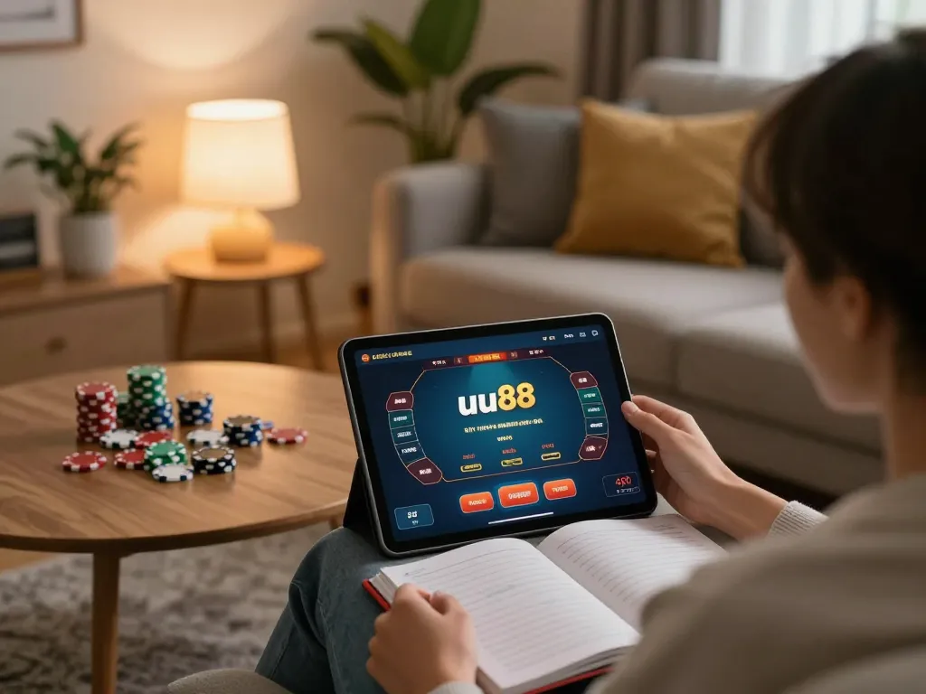 Player enjoying uu88 online casino on tablet with poker chips and strategy notes