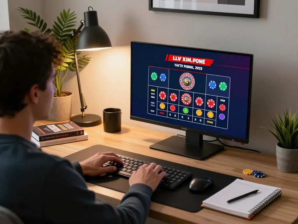 Player engaging in live dealer casino game on lc88 laptop at home office desk, emphasizing strategic gameplay.