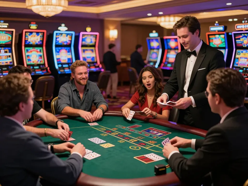 Engaged players placing bets at a vibrant blackjack table in a lively casino, experience the thrills of 33win.