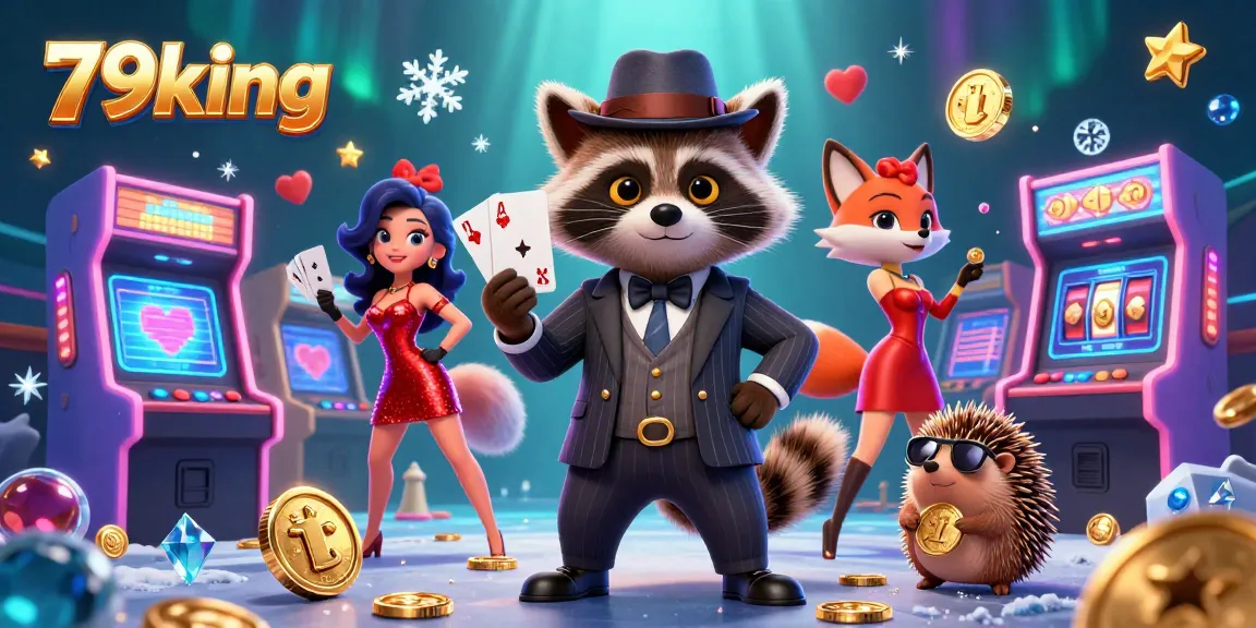 Experience the vibrant action of 79king casino with characters amidst gaming machines and coins.