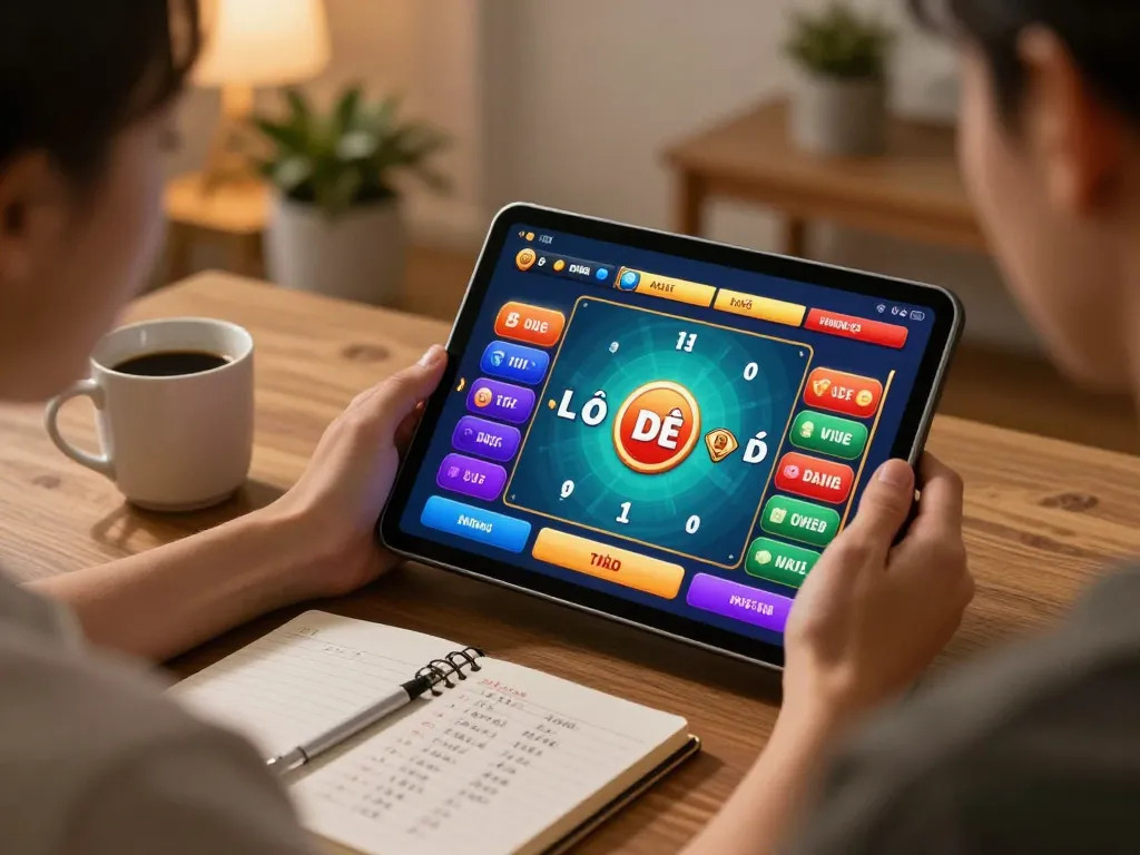Engaged player analyzing Lô Đề game on tablet with strategic notes nearby in cozy home setting