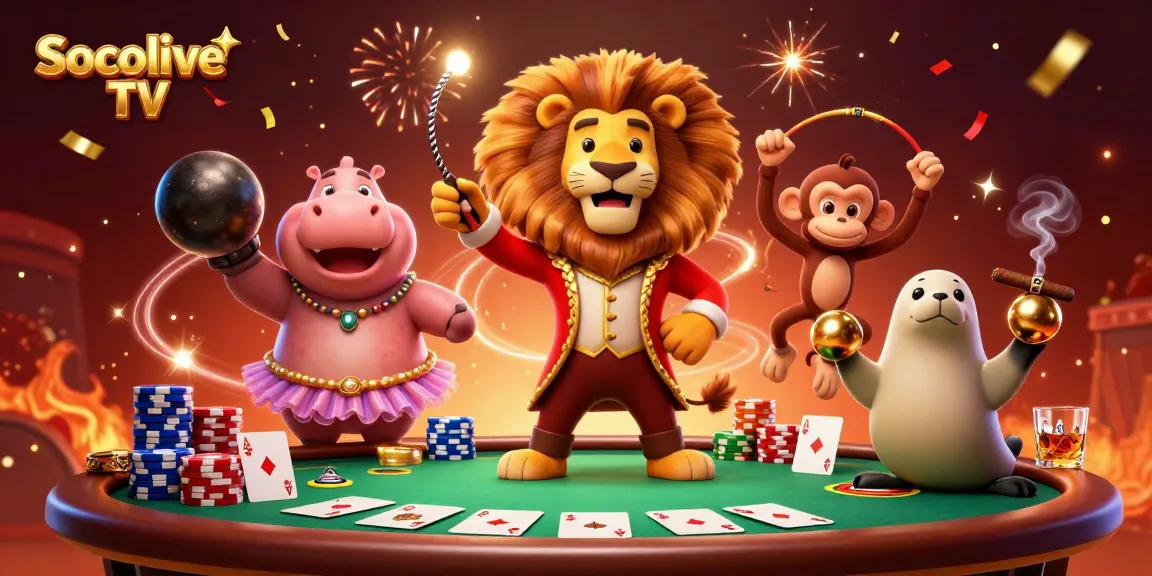 Socolive TV brings excitement alive with a vibrant circus-themed gambling scene, featuring animated characters.