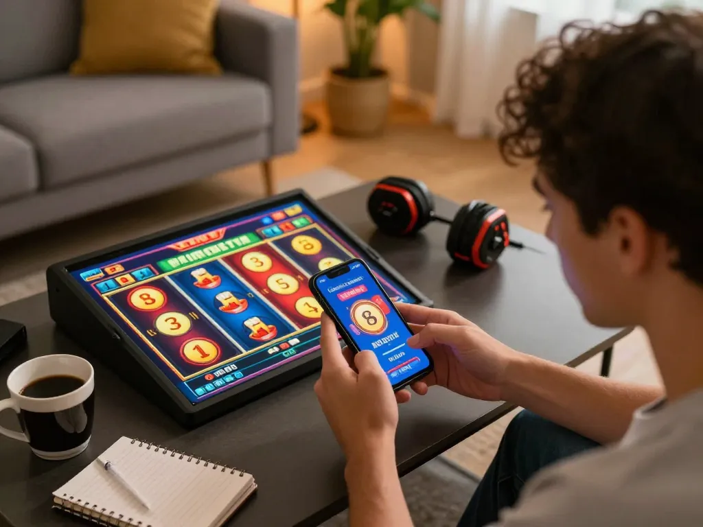Engaging online gaming experience on mobile showcasing link slot gacor in a vibrant living room.