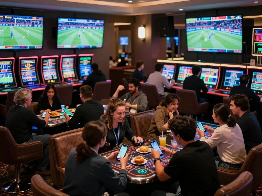 Fans placing bets through https://789winn.click/ in a vibrant casino sports betting lounge filled with excitement