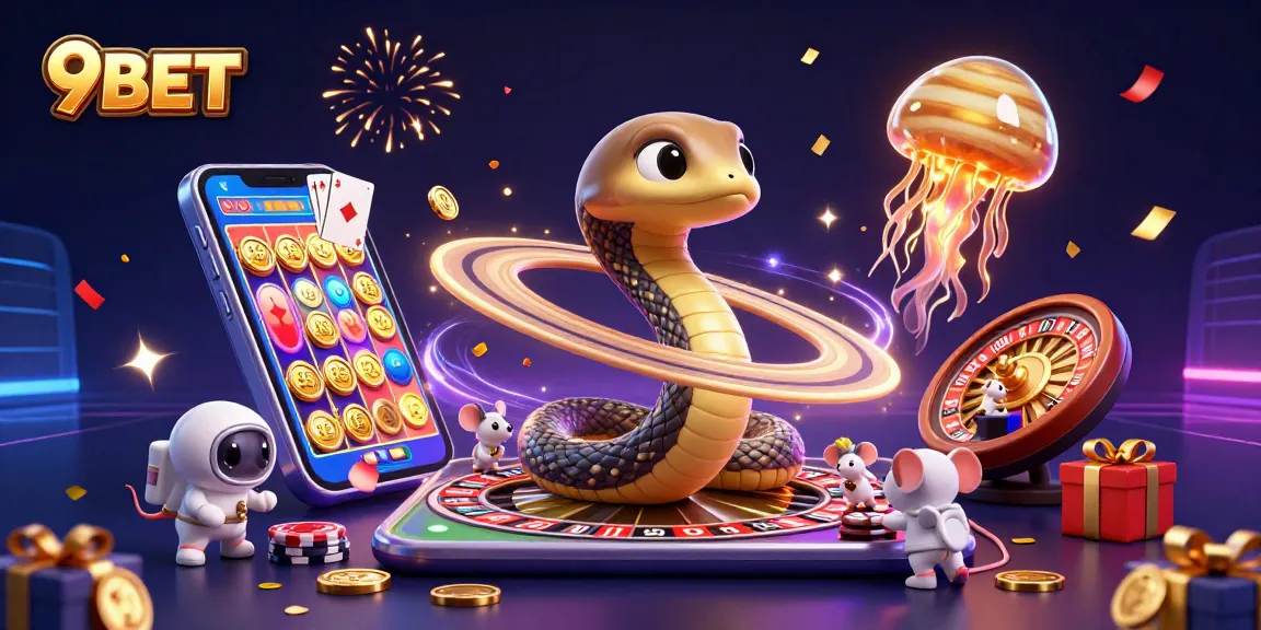 Experience thrilling gaming action at 9BET with animated casino elements and vibrant cosmic settings.
