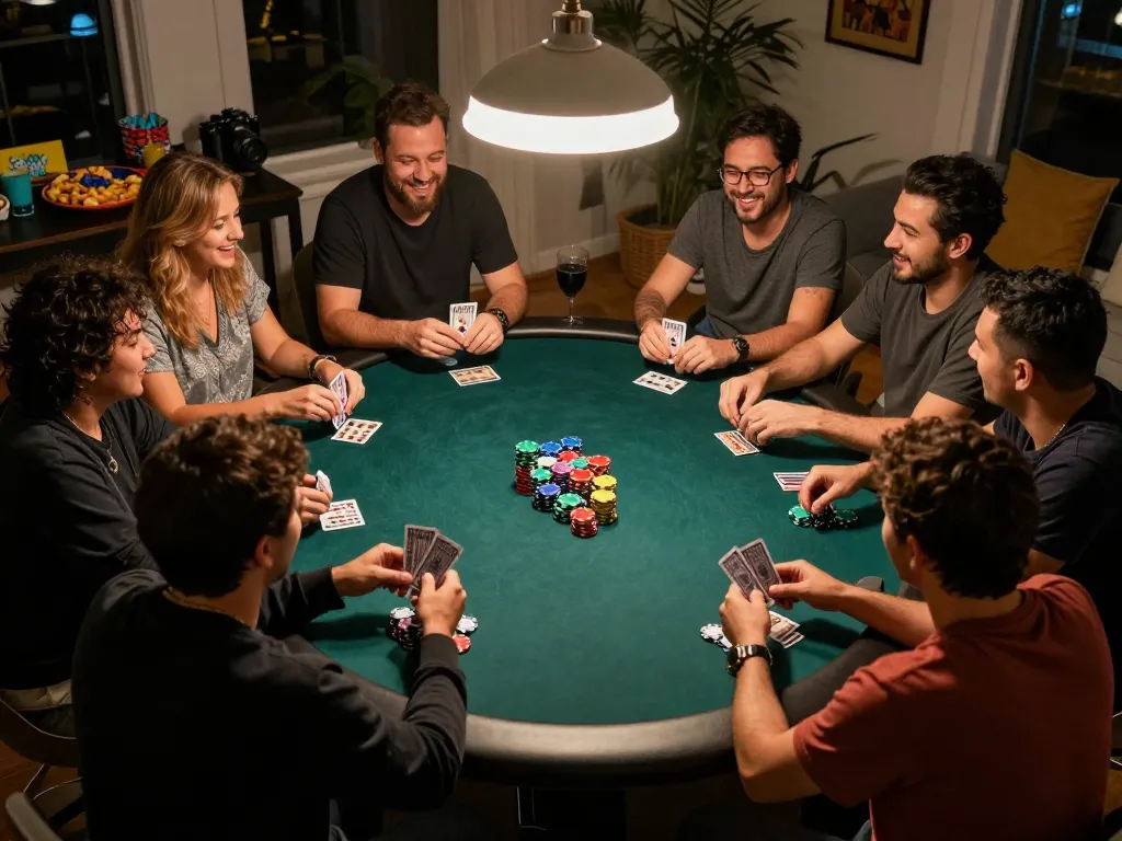 Friends enjoying a lively poker game at home with 888NOW atmosphere of fun and strategy.