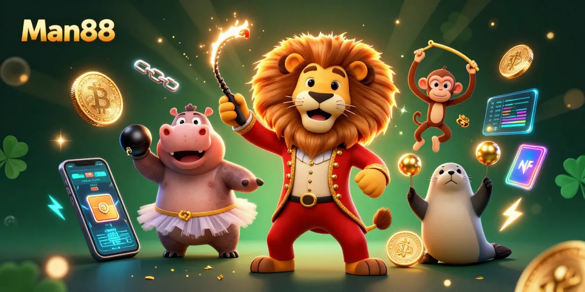 Man88 engages players with a vibrant 3D circus scene featuring cartoon characters and cryptocurrencies.