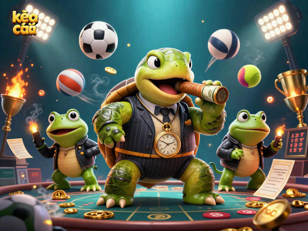 Engage with kèo nhà cái while enjoying a dynamic scene of a turtle and bullfrogs in a vibrant casino.