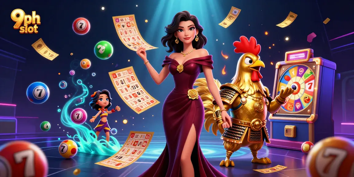 Engage in 9ph slot games with vibrant elements such as slot reels and a glamorous woman.