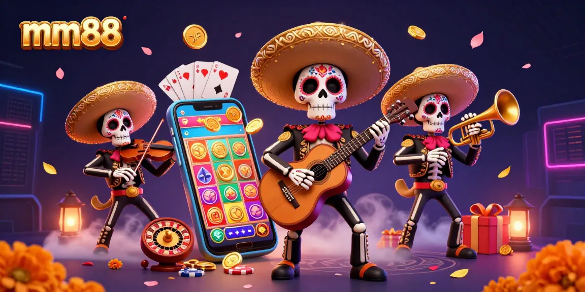 Engage with thrilling mm88 casino games in a vibrant 3D digital illustration featuring mariachi skeletons.