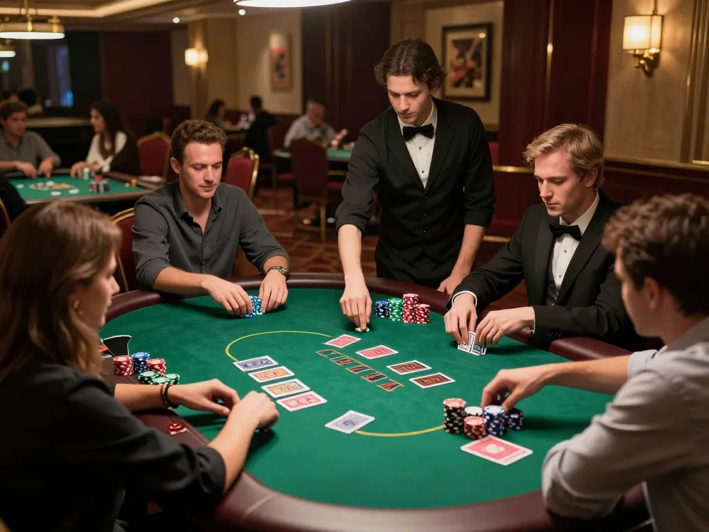 Players engage at a debet poker table in a lively live casino environment.