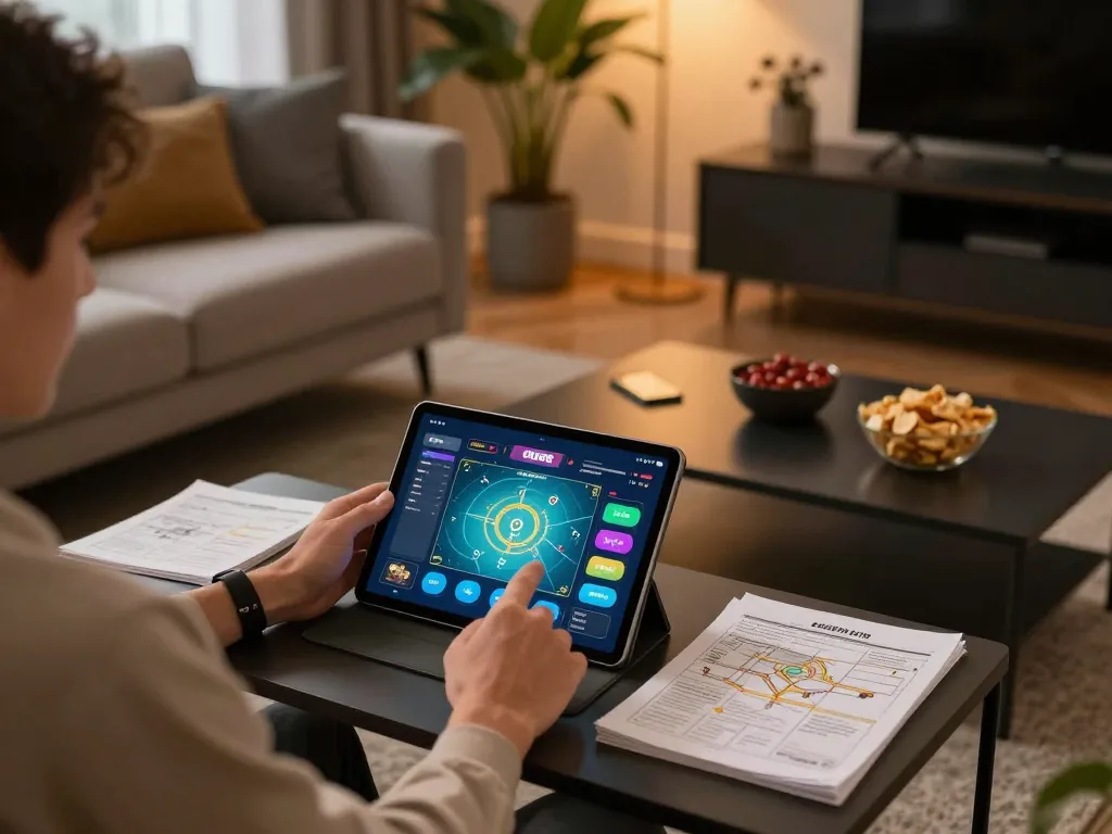 Engaged player using the okking app for online gaming in a cozy home setting