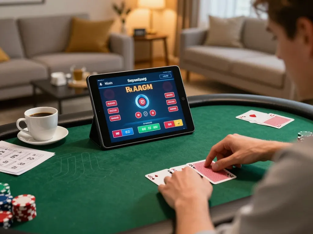 Engaging in 89 bet online poker strategy with cozy home setup and dynamic gameplay.