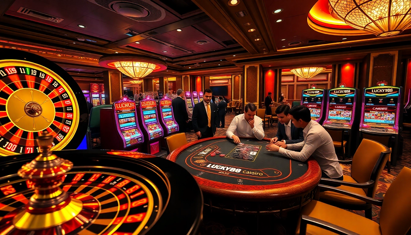 Experience the thrill of LUCKY88 at a luxurious casino with vibrant slot machines and excited players.