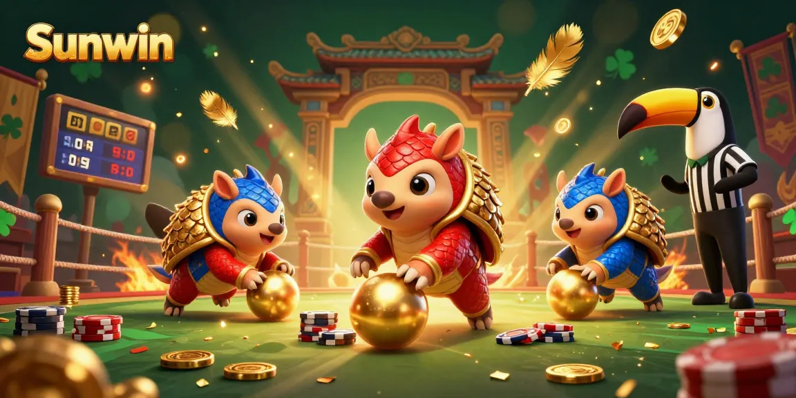 Sunwin pangolins play poker with golden chips amidst a vibrant gaming arena.