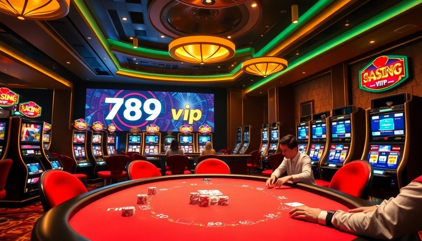 An exciting scene with a poker table and slot machines at 789win vip casino, capturing the thrilling atmosphere of gambling.