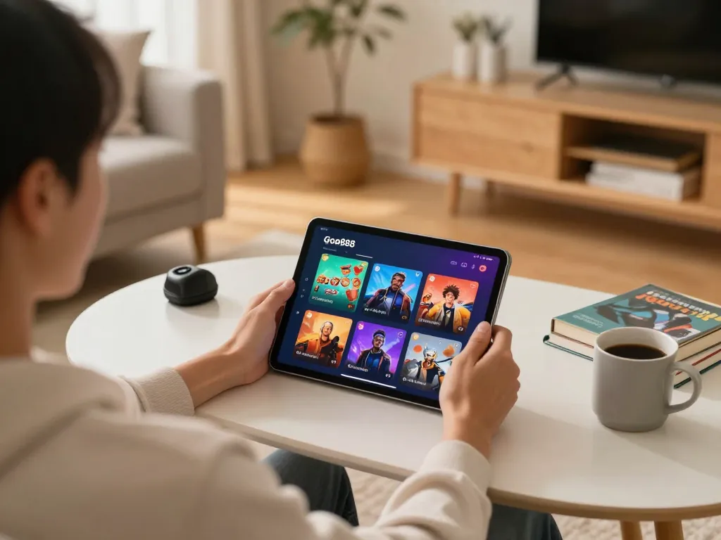 Engaging home scene of a player enjoying game go88 on tablet with warm lighting and comfortable decor.