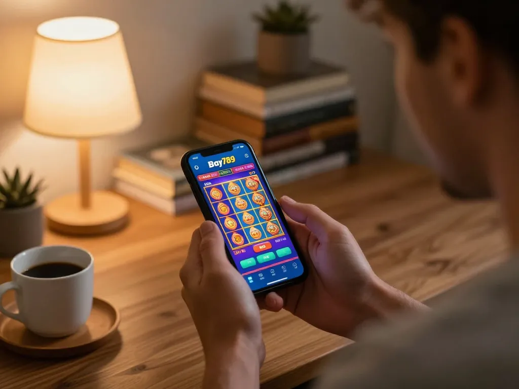 Player enjoying Bay789 mobile gaming app with a cozy home setup and vibrant slot graphics