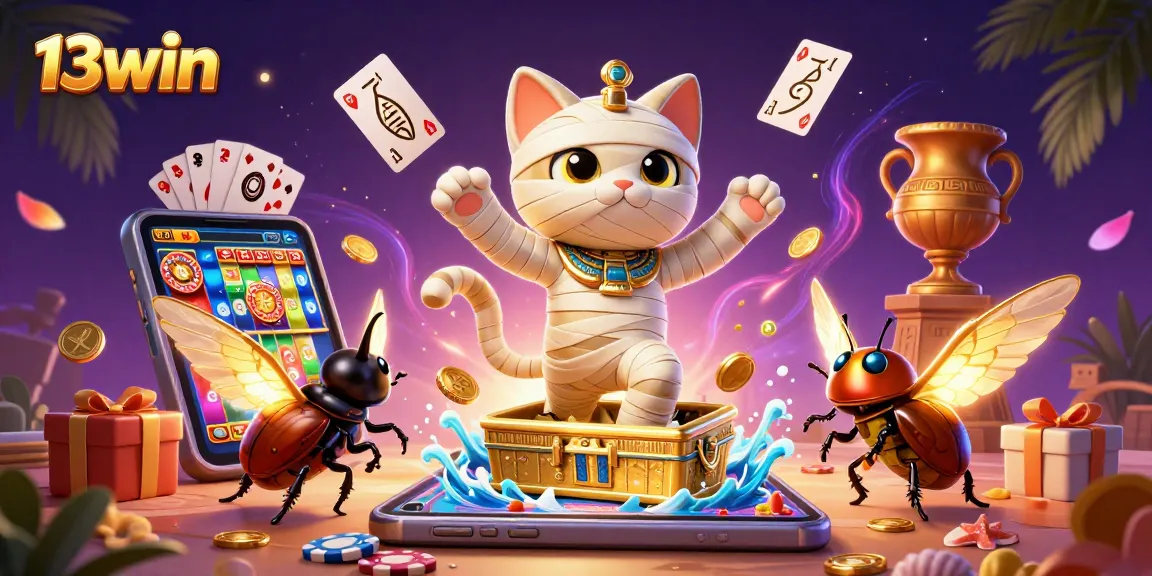 Spin the reels at 13win with the mummy cat and scarab in a vibrant casino setting.