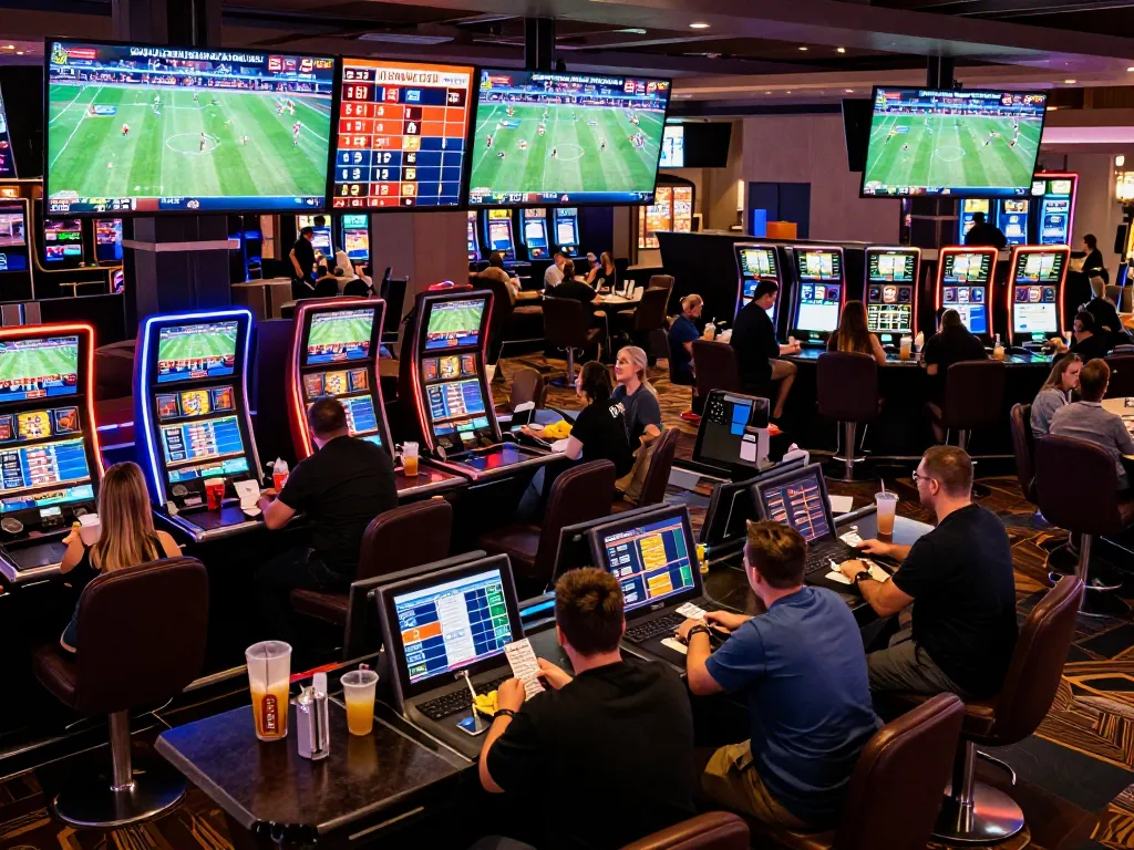 Soi kèo enthusiasts engaging in dynamic sports betting at a modern casino lounge, cheering for live events