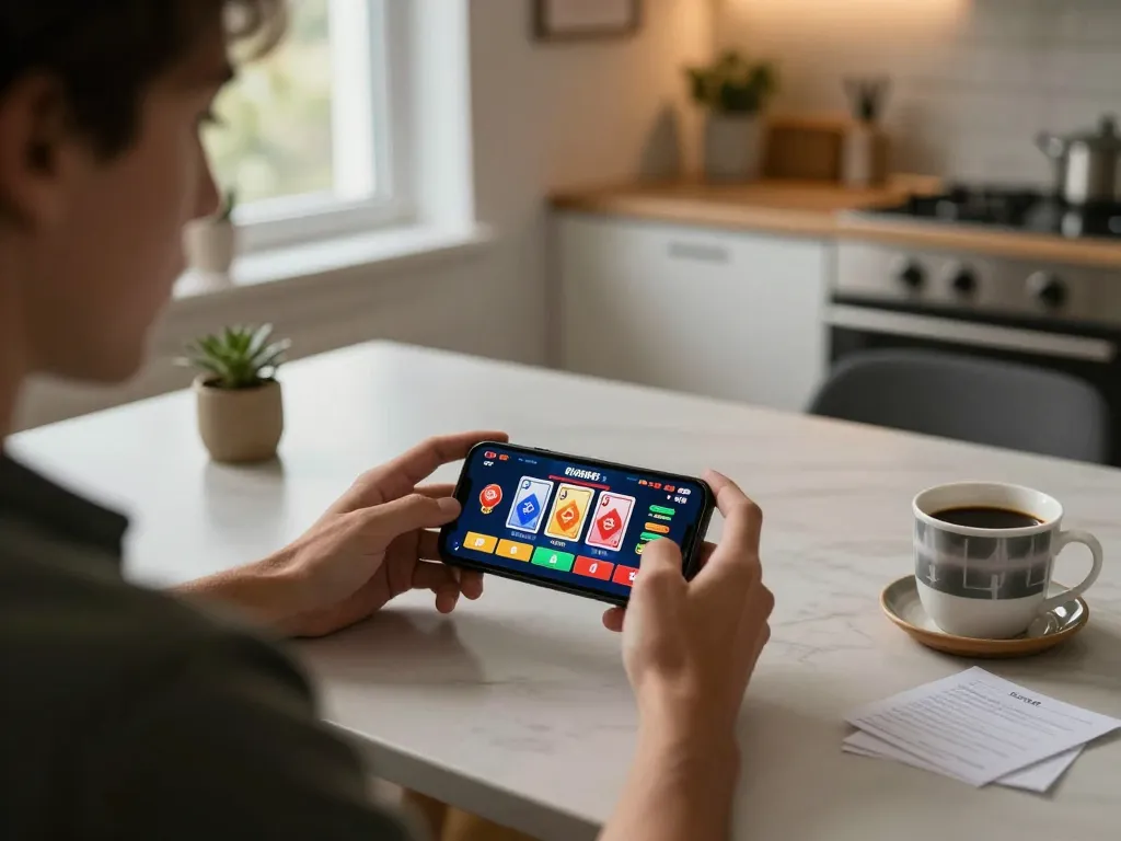 Cucu777 player engaging in live dealer game on smartphone, showcasing responsible gaming approach
