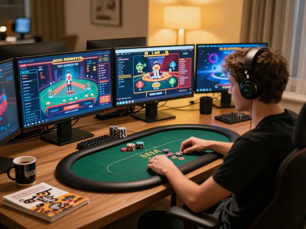 Player focused on online poker game on multiple devices at home, hay88x platform interface visible.