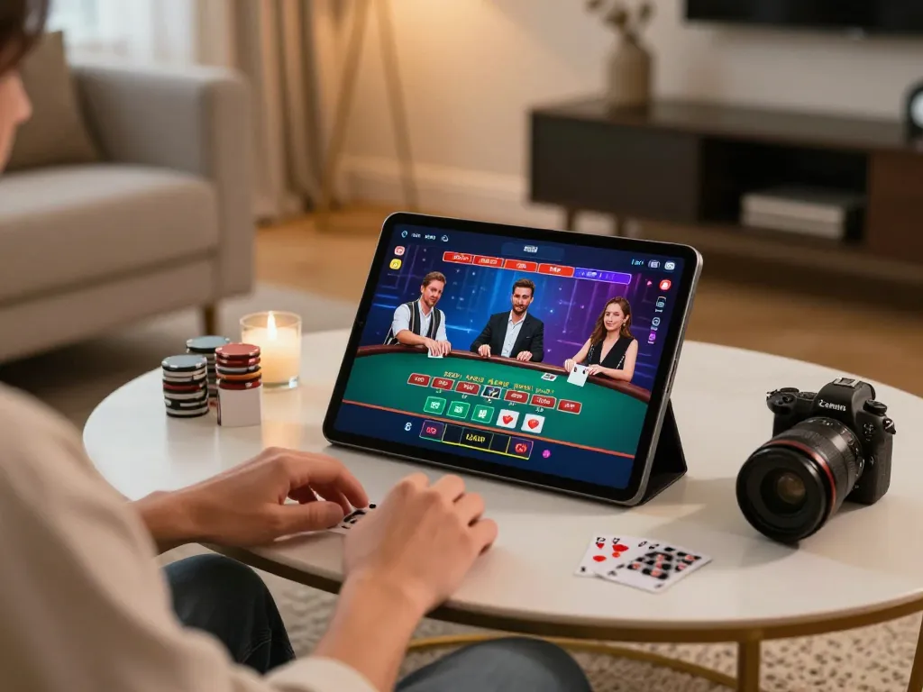 Live dealer blackjack gameplay on a tablet at home, showcasing 88clbgo's immersive online gambling experience.