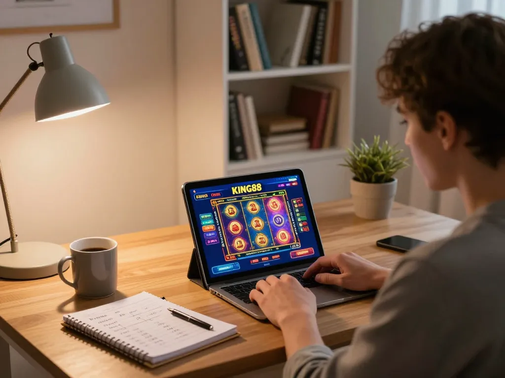 Engaging in online slots at KING88 com on a cozy tablet gaming setup, showcasing exciting gameplay.