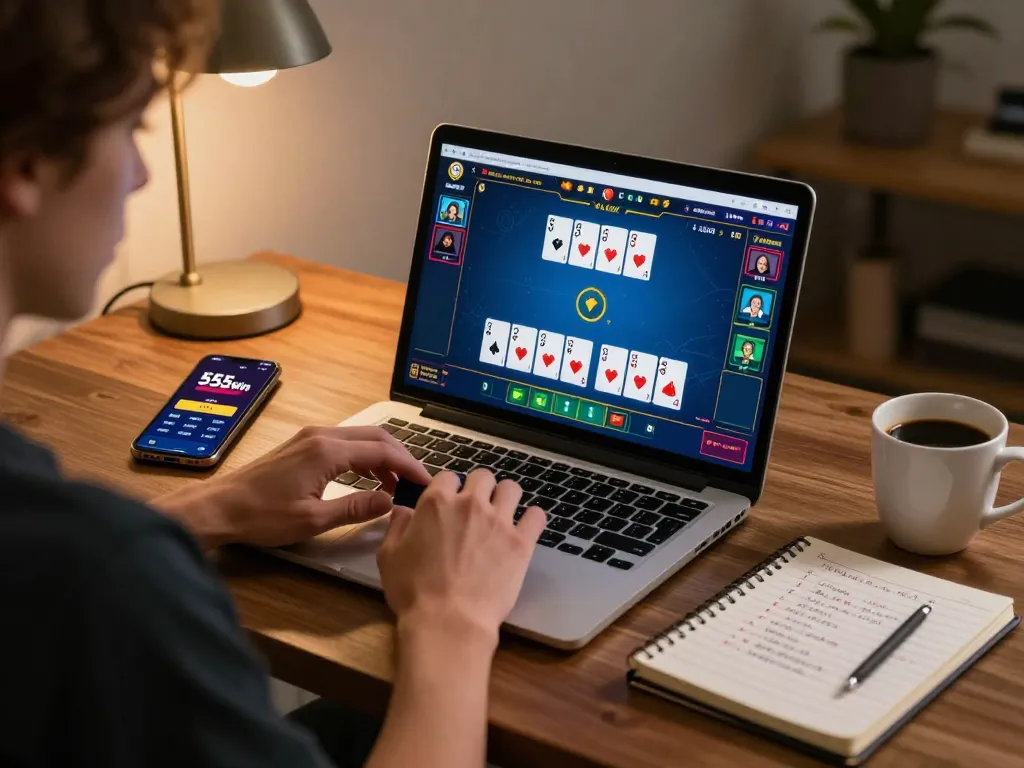 Player engaged in online poker on the 555win app, showcasing strategic gameplay from home.