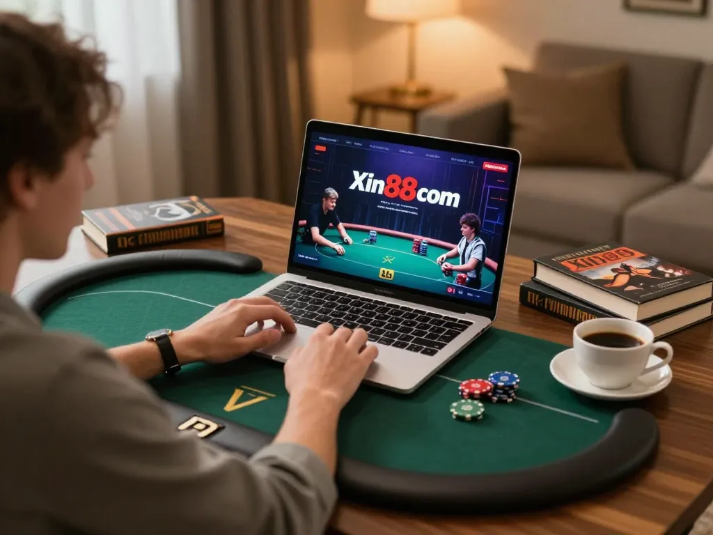 Engaged player using Xin88 com for online poker at home, showcasing responsible gambling.