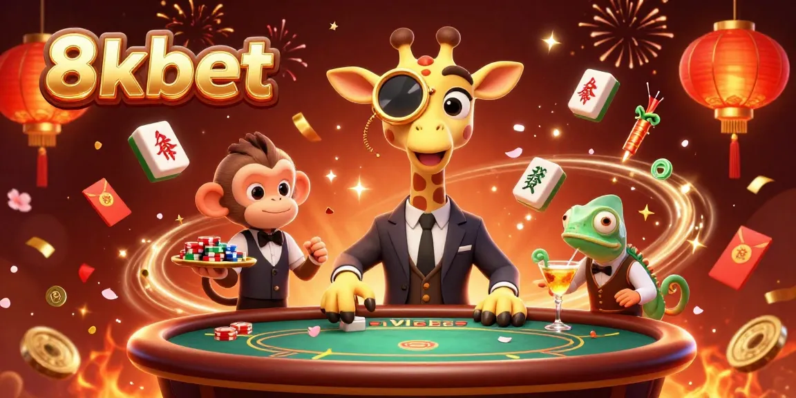 Experience thrilling moments with 8xbet's vibrant casino scene featuring animated characters and festive elements.