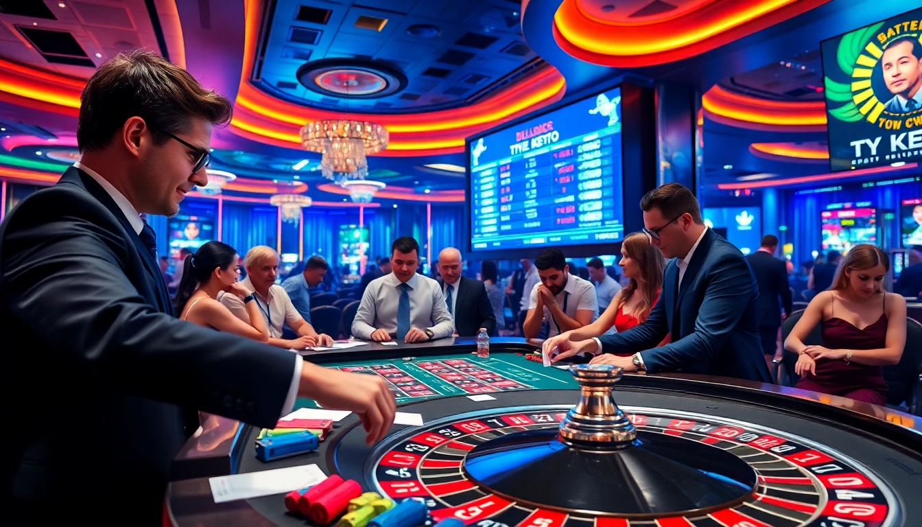 Engaging scene of casino excitement with players focusing on ty le keo betting and roulette.