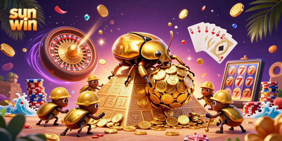 Spin and win with sun win as golden coins cascade around a vibrant casino scene.
