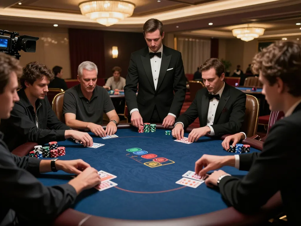 Engaging poker gameplay scene at ww88aw casino, showcasing intense player concentration and luxury setting.