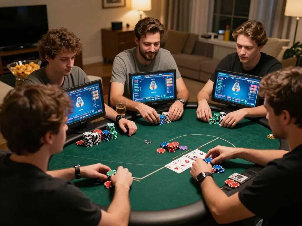 Sunwin players strategizing in an online poker session at home, showcasing chips and cards.