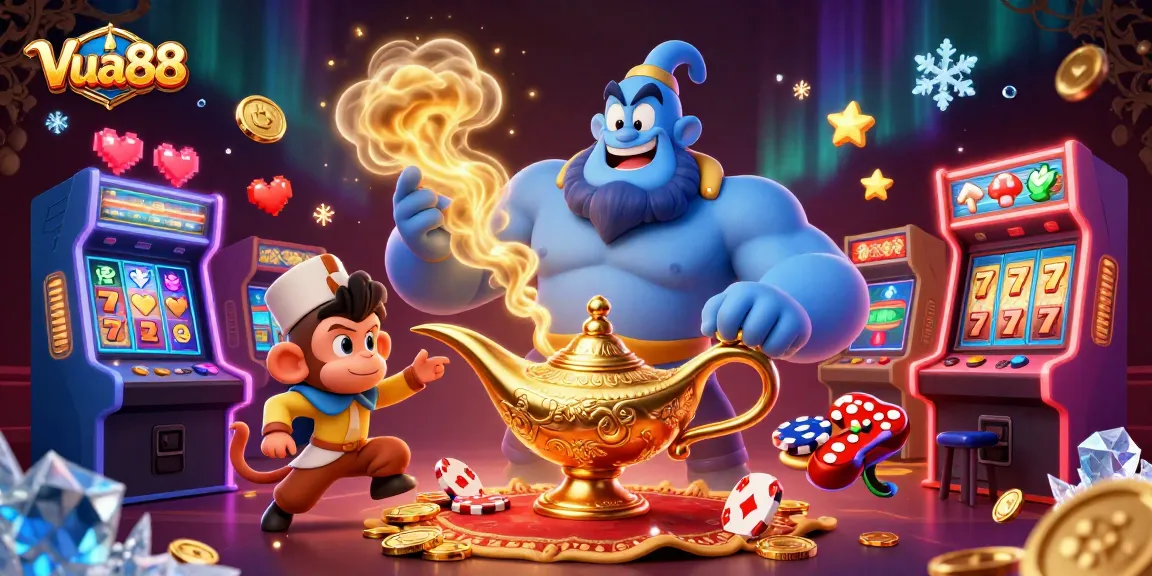 Join Vua88's vibrant casino experience with a dynamic illustration of a genie, monkey, and poker chips.