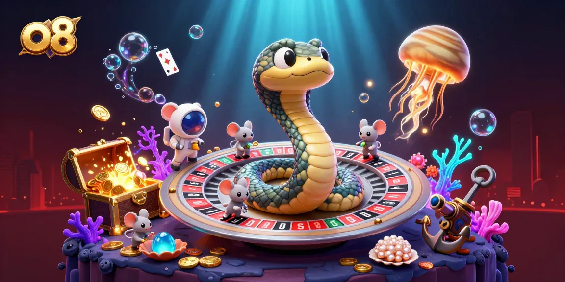Experience thrilling gameplay with o8's cosmic roulette scene featuring astronaut mice and vibrant treasures.