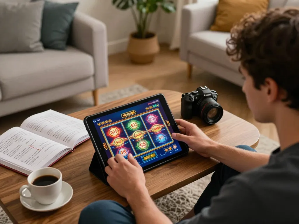 RIKBET player enjoying slot games on tablet in cozy home setting with strategy notes.