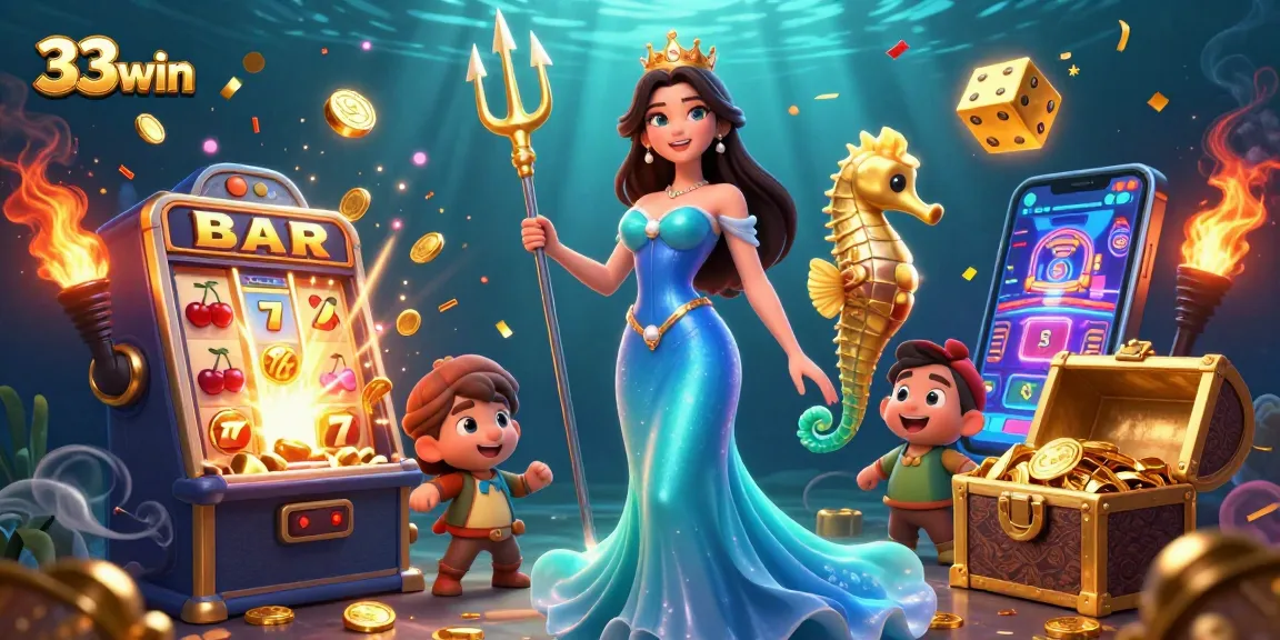 Win big at 33win with a vibrant underwater casino scene featuring a glowing pearl and slot machine rewards.