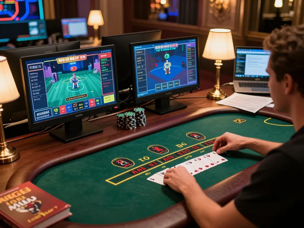 MM88 player strategizing in an upscale online blackjack session at home with multiple screens
