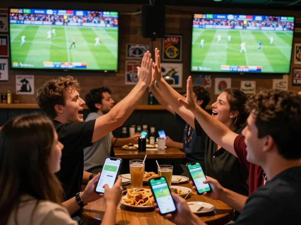 Socolive app in use at a sports bar, showing engaging sports betting experience during a live football match.