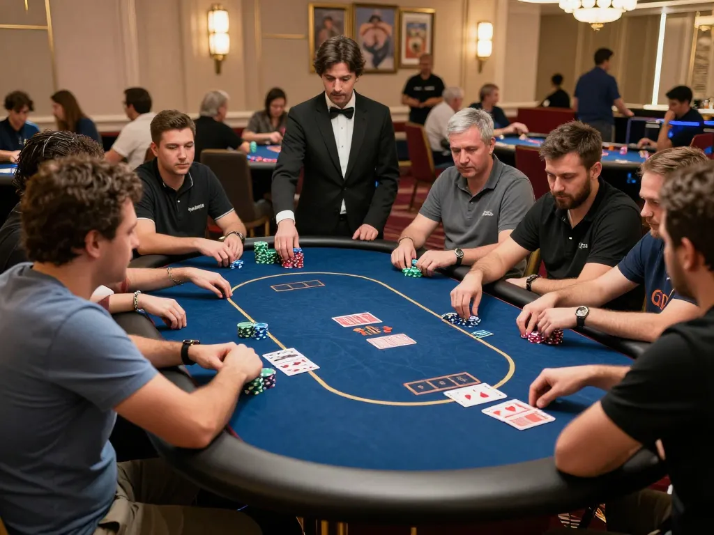 Go8 poker tournament with intense gameplay and vibrant chip stacks, showcasing strategic gambling excitement