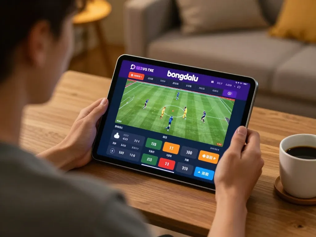 Bongdalu user engaging in sports betting through tablet with live stats at home