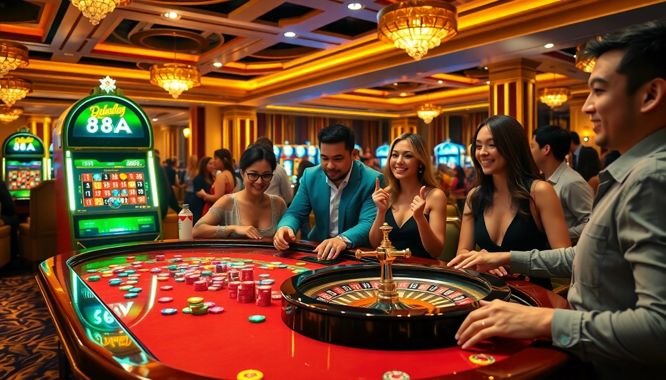 Players enjoying a thrilling gaming experience at an 88AA casino table with poker chips and a roulette wheel.
