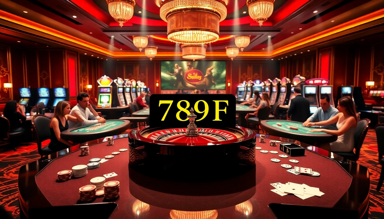 Players enjoying thrilling games at 789F casino, surrounded by poker chips and slot machines.