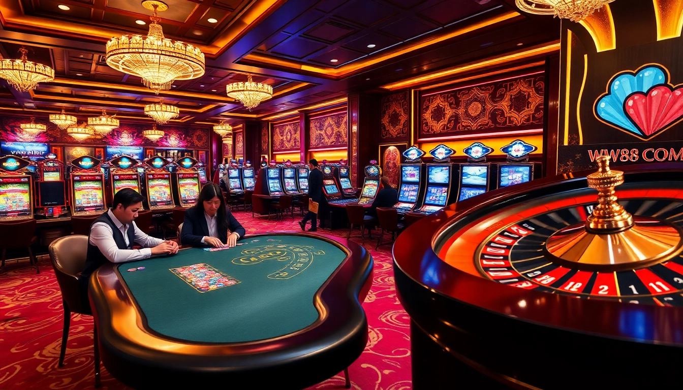 Gambling enthusiasts playing poker and roulette at a casino inspired by WW88.COM's luxurious atmosphere.