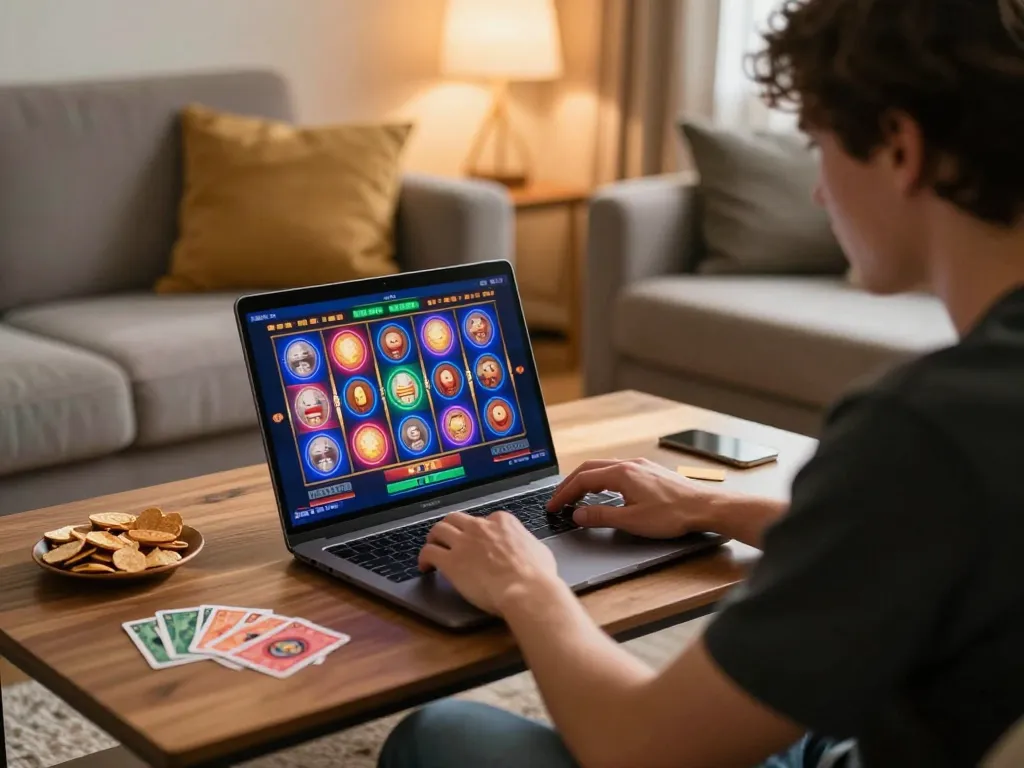 Pucuk138 user enjoying online slot games in a cozy living room, reflecting responsible gaming.