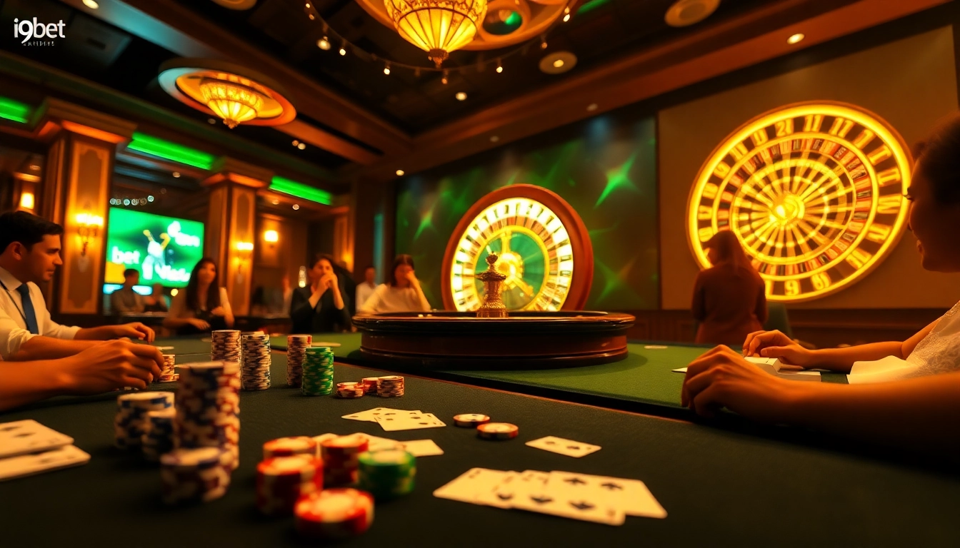 Engaging view of an exciting i9bet casino table with chips, cards, and a roulette wheel.